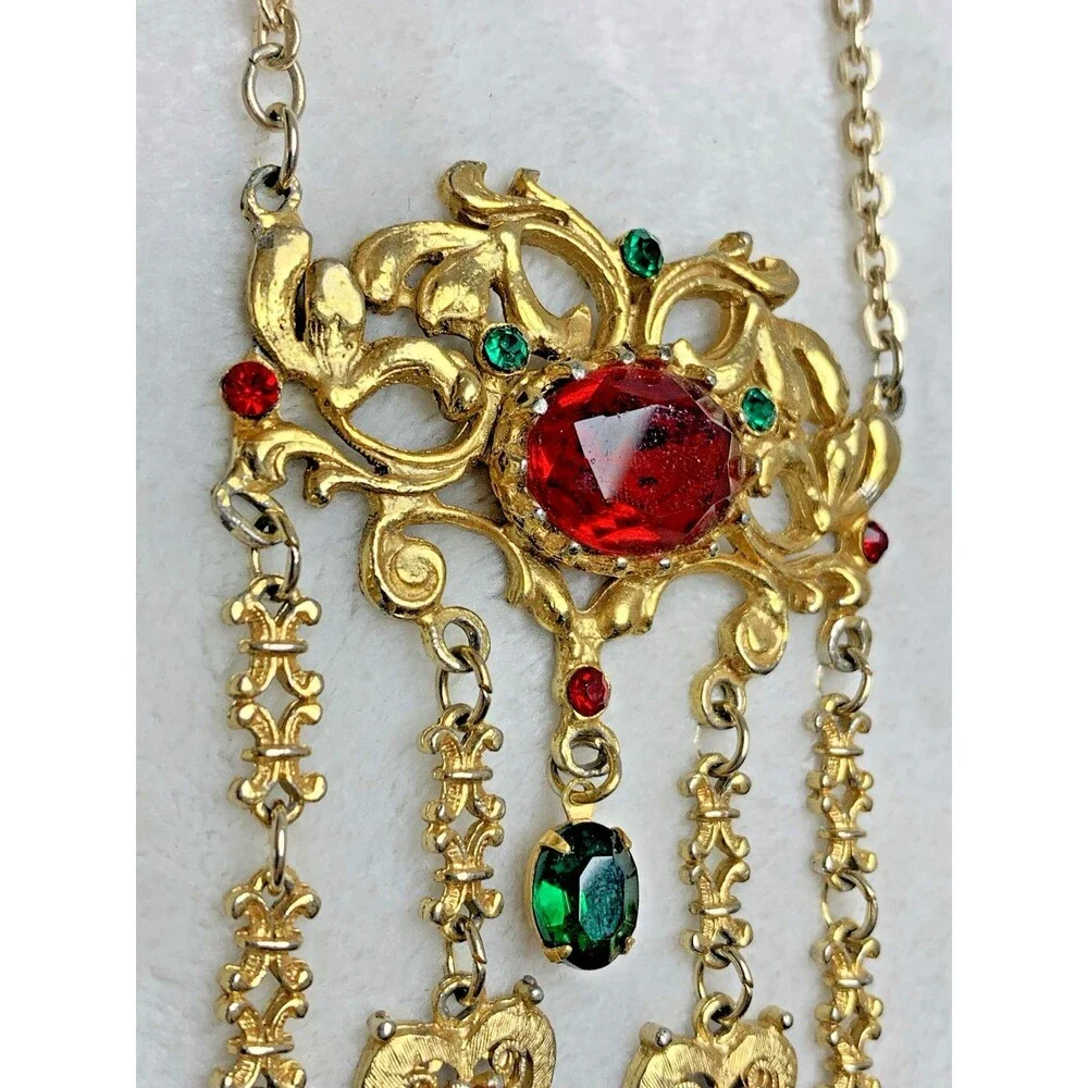 Vintage Lupé Signed Egyptian Revival Necklace Gold Tone Rhinestone Fringe